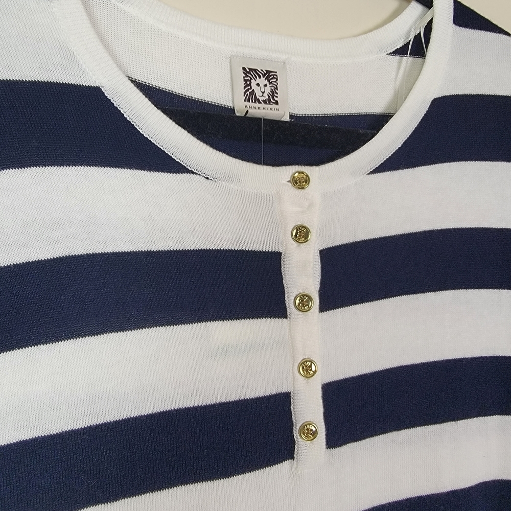 Anne Klein White Navy Striped 3/4 sleeve Top Sz Large - Picture 2 of 10